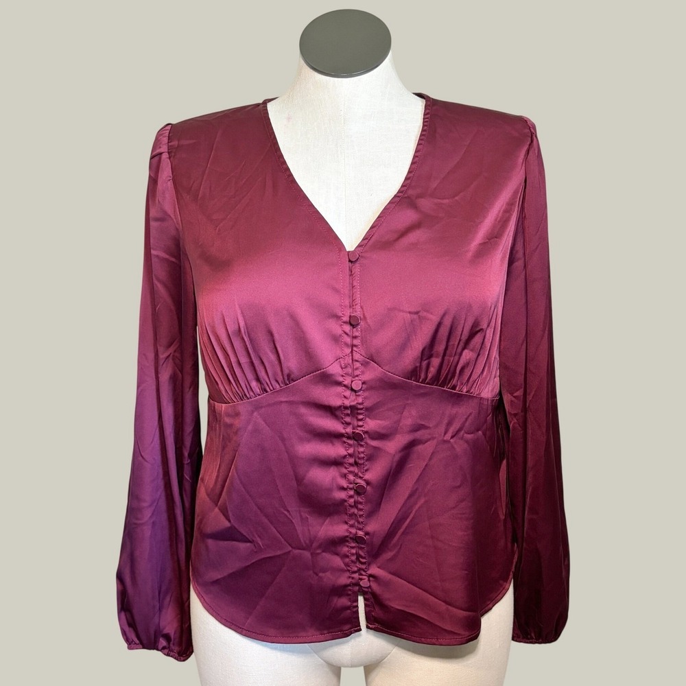 Violets & Roses Womens Babydoll Blouse XL Burgundy Satin Button Front Romantic